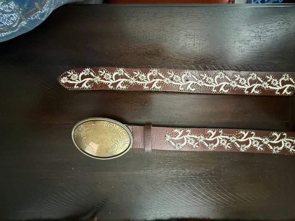 Nine West Brown Leather Floral Embroidered Studded Western Belt Large